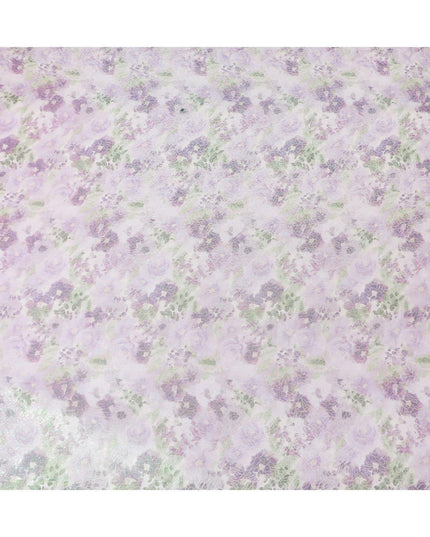 Light lilac Premium pure silk chiffon fabric with multicolor print having neon green metallic lurex in floral design-D15467