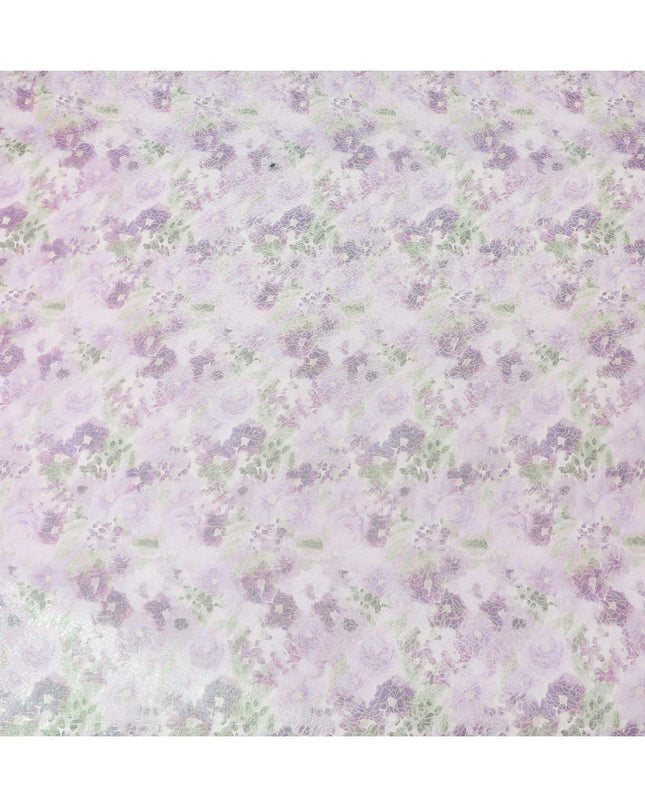 Light lilac Premium pure silk chiffon fabric with multicolor print having neon green metallic lurex in floral design-D15467