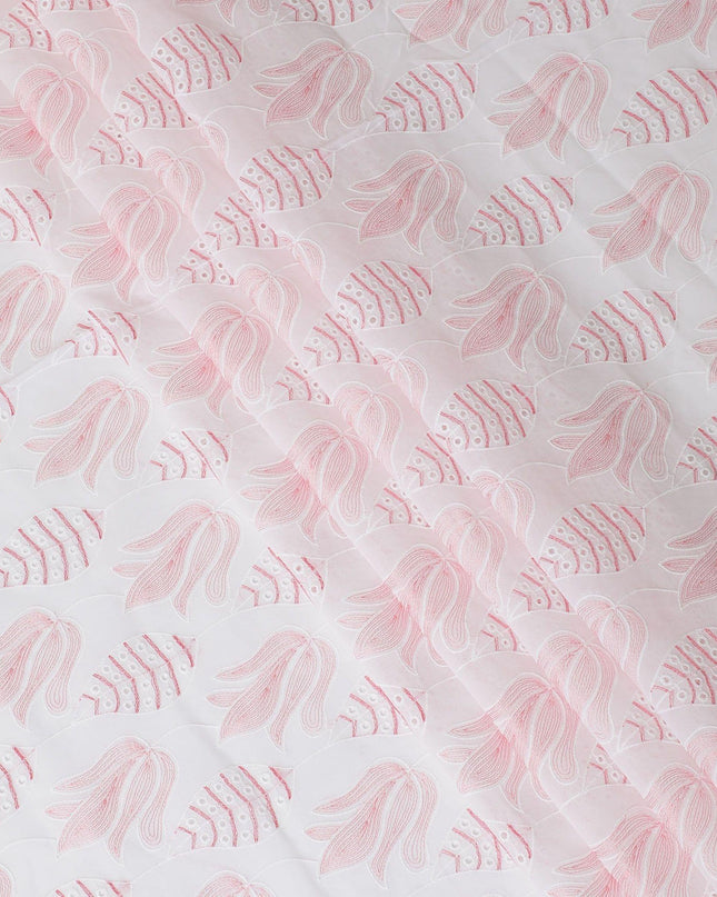 White cotton voile fabric with same tone, crimson red and baby pink embroidery in Leaf design-D9773