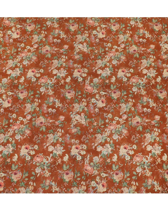 Rusty brown synthetic crepe fabric with multicolor print in floral design-D12239 Regal Fabrics