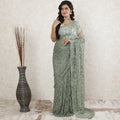 Sage green premium pure French chantilly lace saree having stone work in floral deisgn-D13498
