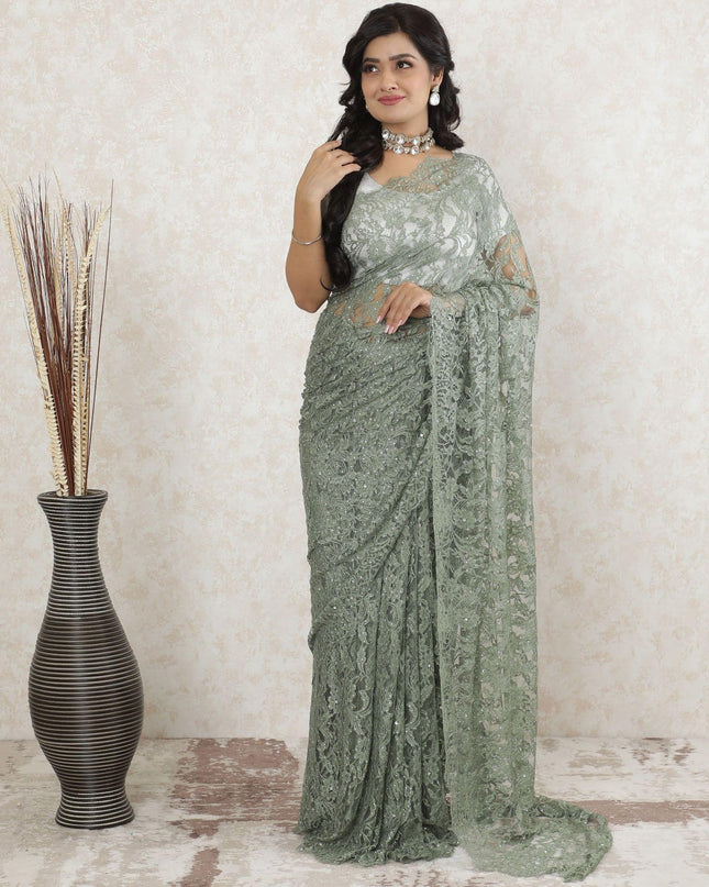 Sage green premium pure French chantilly lace saree having stone work in floral deisgn-D13498