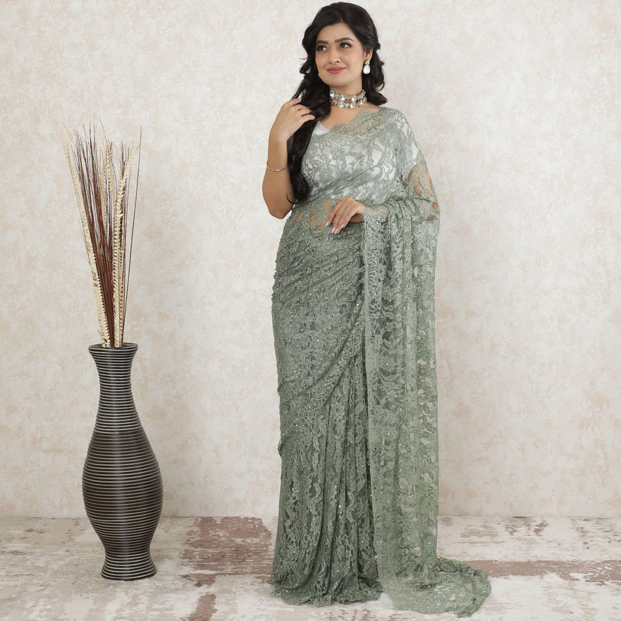 Sage green premium pure French chantilly lace saree having stone work in floral deisgn-D13498