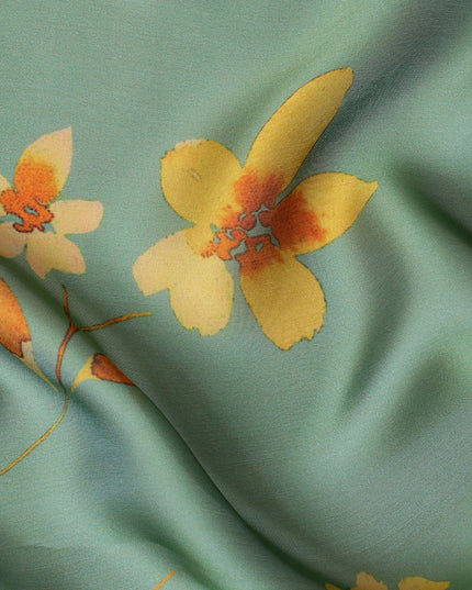 قماش شيفون من الحرير الخالص الفاخر باللون الأخضر السرخسي مع طباعة متعددة الألوان بتصميم الأزهار-D14664