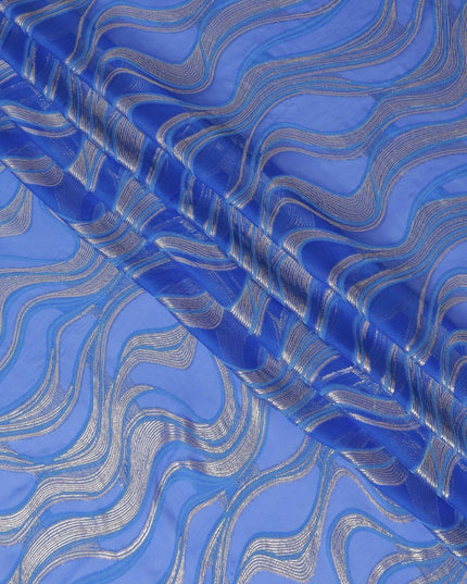 Royal blue Premium pure French (Fransawi) silk chiffon fabric with same tone viscose having silver metallic lurex in abstract design-D14227
