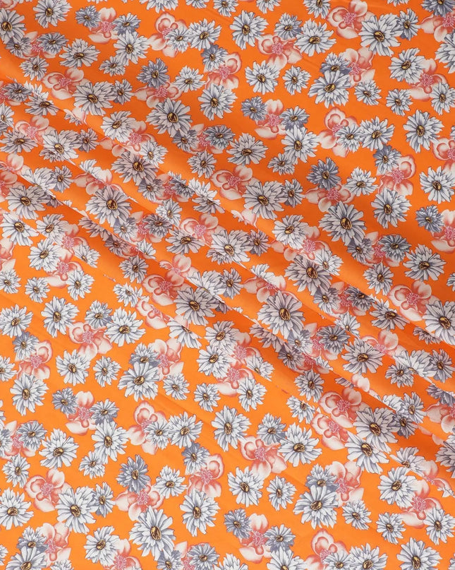 Orange cotton lawn fabric with off white, silver grey and copper brown print in floral design-D10848 Regal Fabrics