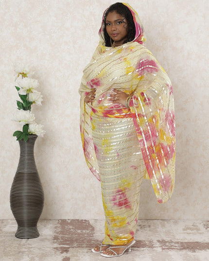 Multicolor Premium synthetic chiffon thobe with gold metallic foil print in stripe design-D14387 Regal Fabrics