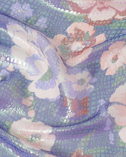 قماش شيفون حريري نقي فاخر باللون الأزرق الملكي مع طباعة متعددة الألوان مع لوريكس معدني أخضر نيون بتصميم زهور-D14655