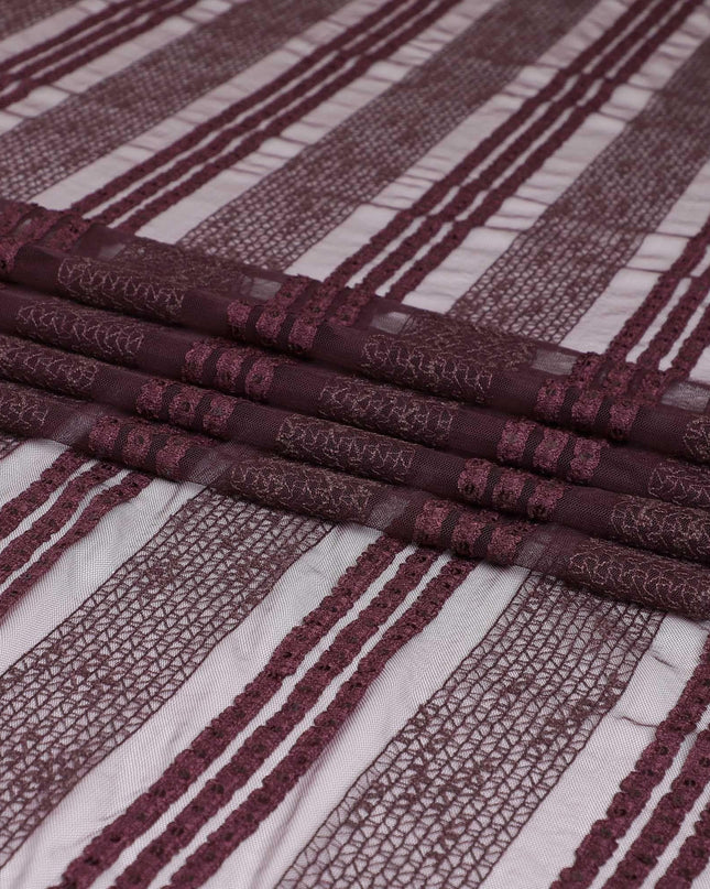 Syrup brown nylon tulle fabric with same tone embroidery and sequins in stripe design-D6669 Regal Fabrics