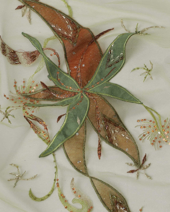 Lime green nylon tulle fabric with olive green embroidery, copper sequins, bugle beads and patch work in floral design