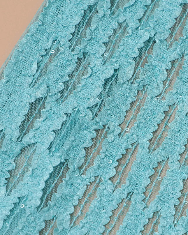 Sky blue nylon tulle fabric with same tone fancy embroidery having sequins in stripe design-D9198 Regal Fabrics