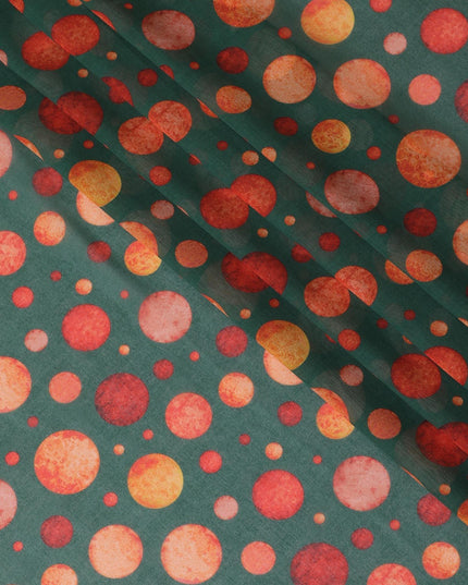 Forest green cotton voile fabric with squash orange and flax yellow print in polka dot design-D10358 Regal Fabrics