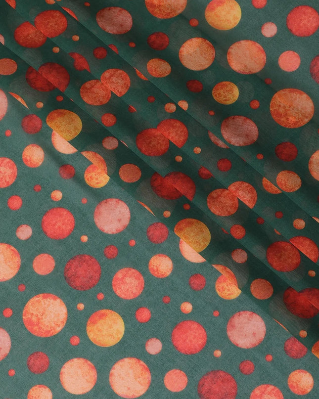 Forest green cotton voile fabric with squash orange and flax yellow print in polka dot design-D10358 Regal Fabrics