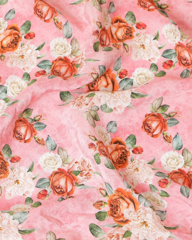 Baby pink premium pure silk crepe fabric with multicolor print in floral design-D9402