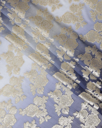 قماش شيفون حريري خالص فاخر من الأزرق الداكن إلى الأزرق الفاتح مع لوركس معدني ذهبي بتصميم زهور-D10617