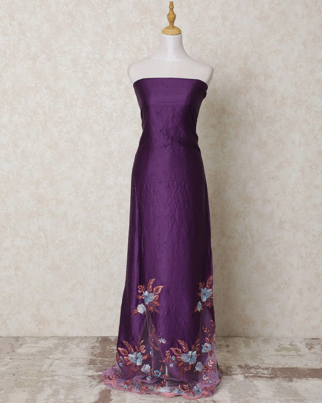 Purple blended cotton lawn fabric with multicolor embroidery having stone work in floral design-D14431 Regal Fabrics