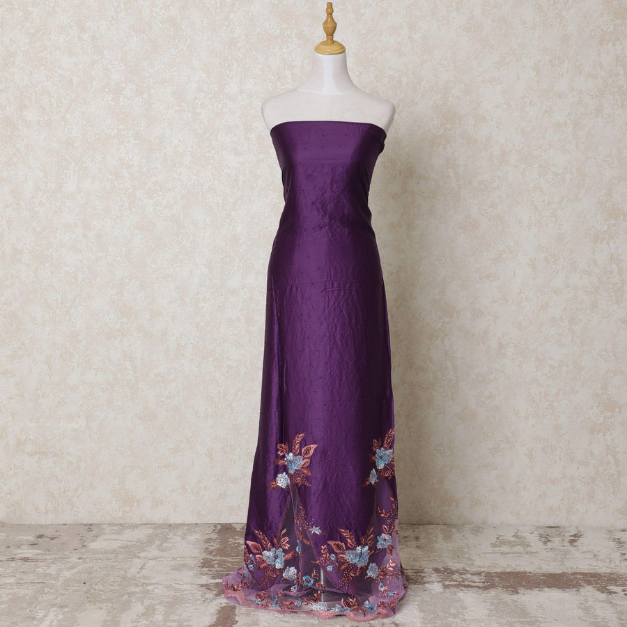 Purple blended cotton lawn fabric with multicolor embroidery having stone work in floral design-D14431
