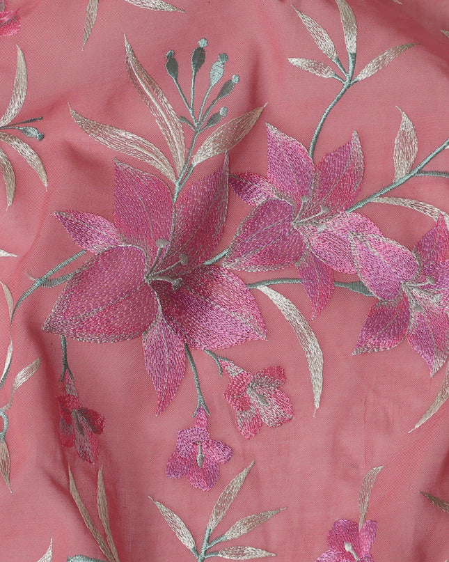 قماش الفوال القطني الخالص الفاخر باللون الوردي السلمون مع تطريز باللون الوردي القرميدي والأخضر الداكن والبيج بتصميم الأزهار-D15245