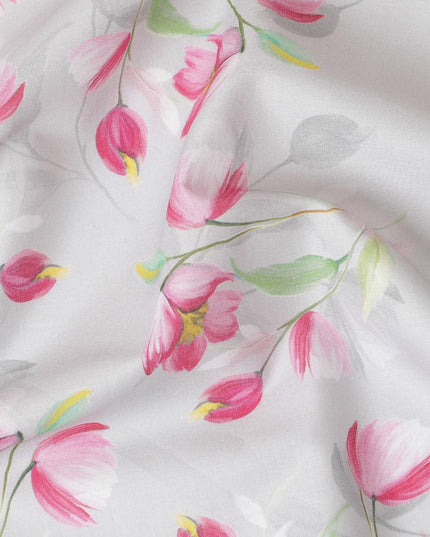 Pearl grey cotton satin fabric with multicolor print in floral design-D15277 - Regal Fabrics