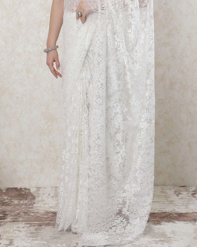 Off white premium French chantilly lace saree with multicolor metallic lurex in floral design-D11459 Regal Fabrics
