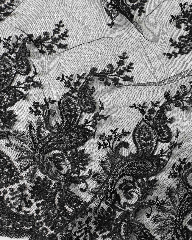 Black nylon tulle fabric with same tone embroidery in fancy design-D6024