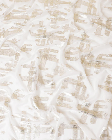 قماش شيفون من الحرير الخالص باللون الأبيض الفاتح مع لوركس معدني ذهبي بتصميم فاخر -D7464