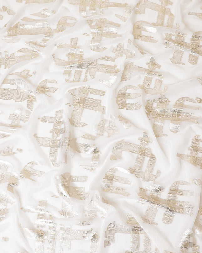 قماش شيفون من الحرير الخالص باللون الأبيض الفاتح مع لوركس معدني ذهبي بتصميم فاخر -D7464