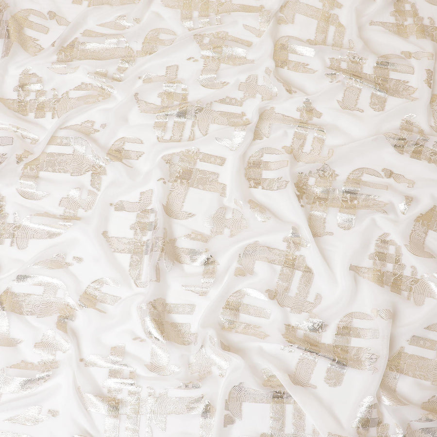 قماش شيفون من الحرير الخالص باللون الأبيض الفاتح مع لوركس معدني ذهبي بتصميم فاخر -D7464