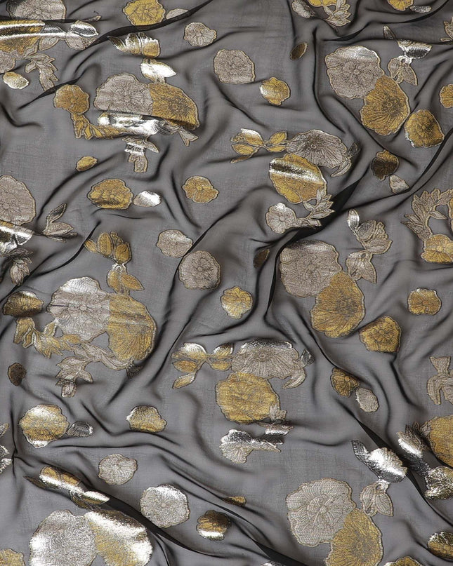 Black pure silk chiffon fabric with gold and silver metallic lurex in floral design-D7463
