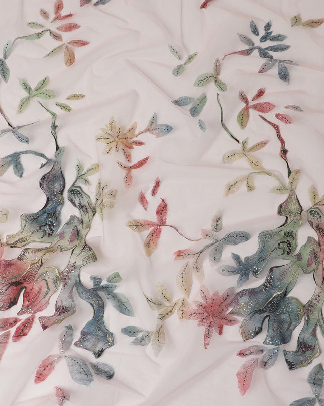 Light peach nylon tulle fabric with golden metallic thread, sequins and beads in abstract design