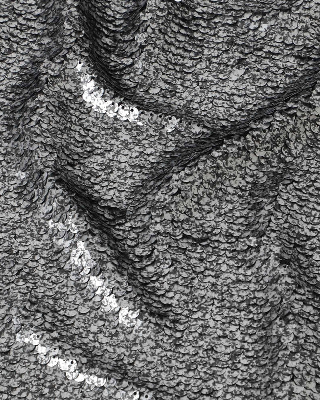 Black nylon tulle fabric with silver grey printed sequins in party wear design