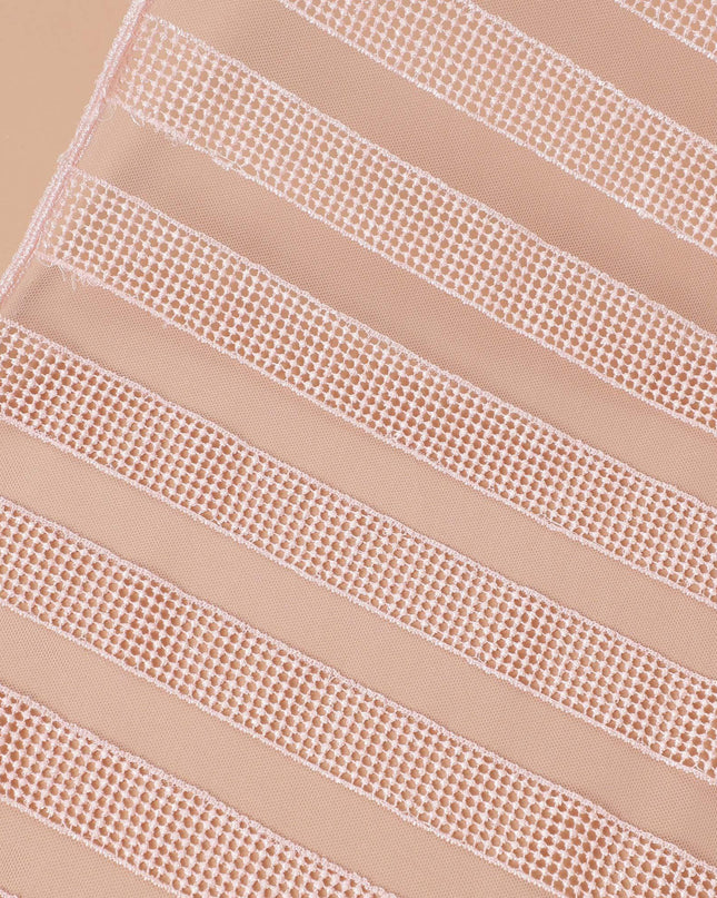 Light pink nylon tulle fabric with same tone embroidery in stripe design-D9188