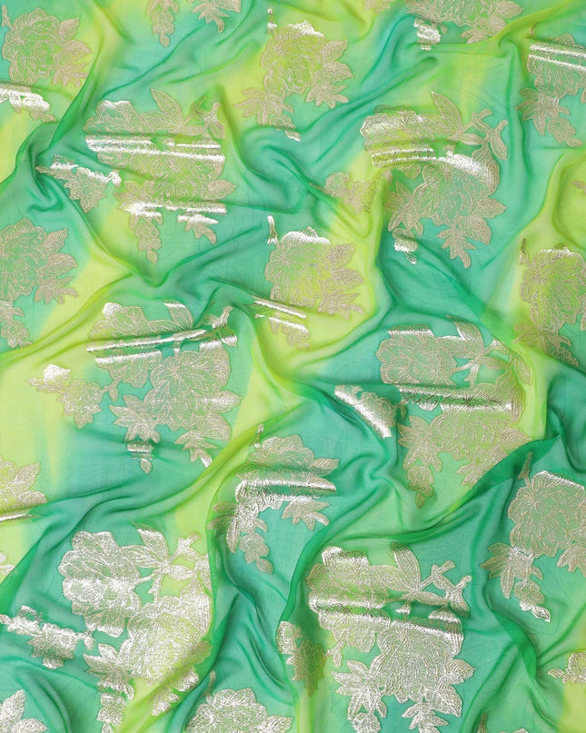 Lime green premium pure silk chiffon fabric with multicolor hand printed having gold metallic lurex in fancy design-D10413