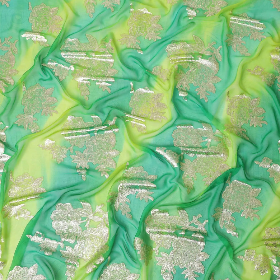 Lime green premium pure silk chiffon fabric with multicolor hand printed having gold metallic lurex in fancy design-D10413 Regal Fabrics