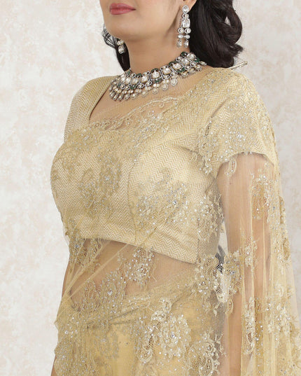 Gold Premium pure metallic French chantilly saree lace having stone work in floral design-D13515 Regal Fabrics