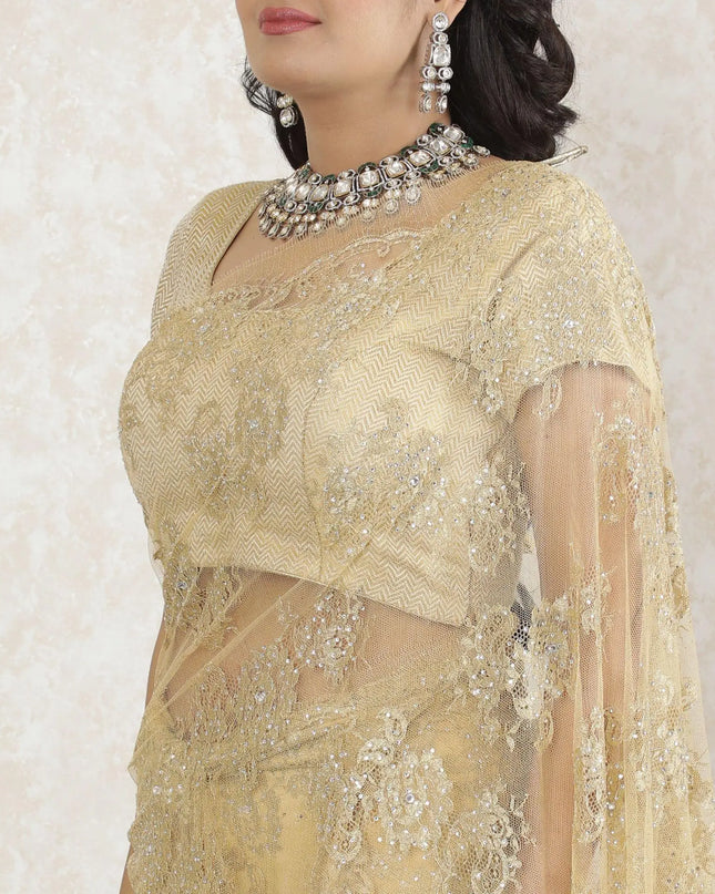 Gold Premium pure metallic French chantilly saree lace having stone work in floral design-D13515 Regal Fabrics