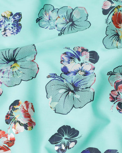 Vista blue cotton voile fabric with multicolor metallic foil print in floral design-D6750