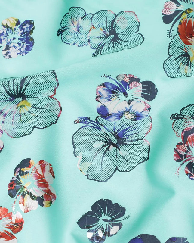 Vista blue cotton voile fabric with multicolor metallic foil print in floral design-D6750 Regal Fabrics