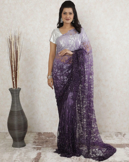 Dark plum to lavender Premium Pure French chnatilly saree lace having stone work in ombre design-D13468 Regal Fabrics