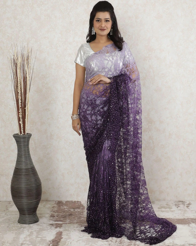 Dark plum to lavender Premium Pure French chnatilly saree lace having stone work in ombre design-D13468 Regal Fabrics