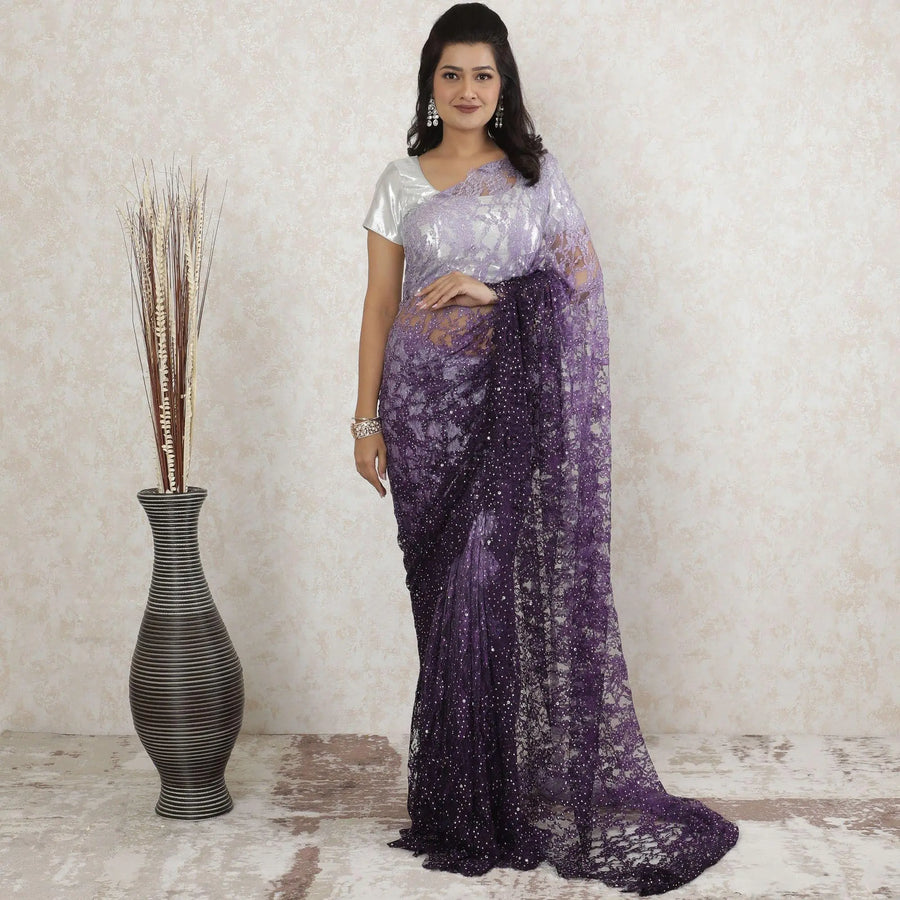 Dark plum to lavender Premium Pure French chnatilly saree lace having stone work in ombre design-D13468 Regal Fabrics