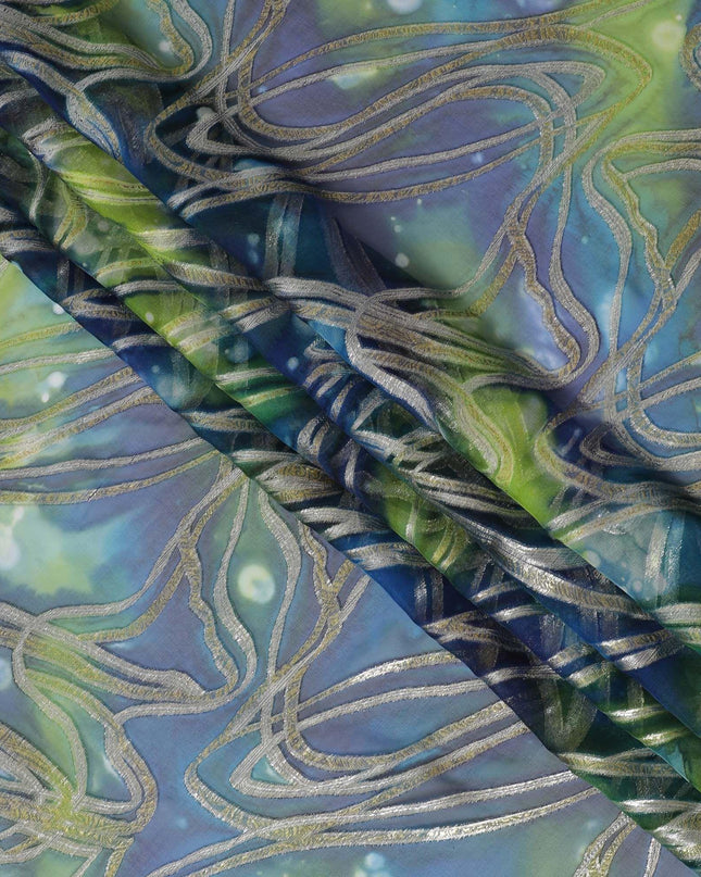 قماش شيفون من الحرير الخالص متعدد الألوان مع لوريكس معدني ذهبي بتصميم تجريدي-D14108