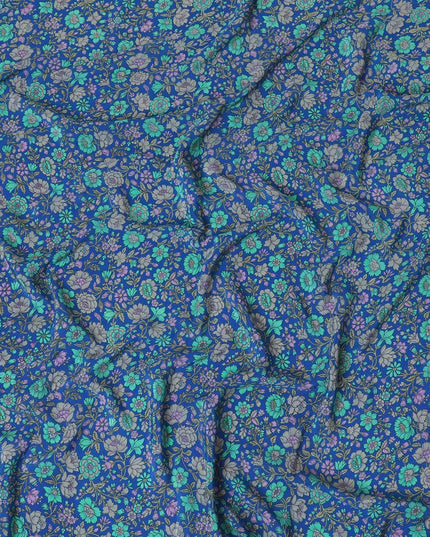 Royal blue silk crepe fabric with turquoise green, grey and lilac print in floral design-D8456 Regal Fabrics