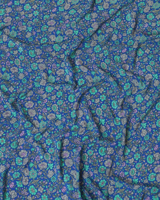 Royal blue silk crepe fabric with turquoise green, grey and lilac print in floral design-D8456 Regal Fabrics