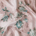 Off white synthetic crepe fabric with pale brown and turquoise green print having stone work in floral design-D15305 - Regal Fabrics