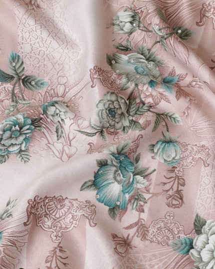 Off white synthetic crepe fabric with pale brown and turquoise green print having stone work in floral design-D15305 - Regal Fabrics