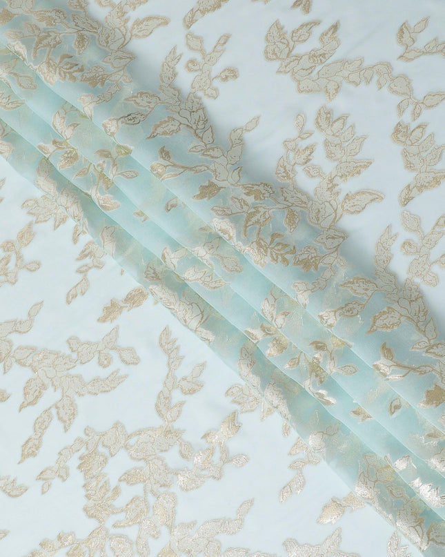 قماش شيفون من الحرير الخالص الفاخر باللون الأزرق الفاتح مع لوريكس معدني ذهبي بتصميم أوراق الشجر -D15448