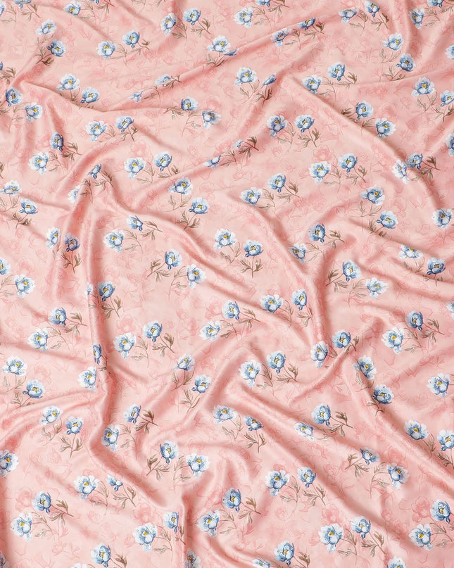 Salmon peach synthetic crepe fabric with multicolor print having stone work in floral design-D15309 Regal Fabrics
