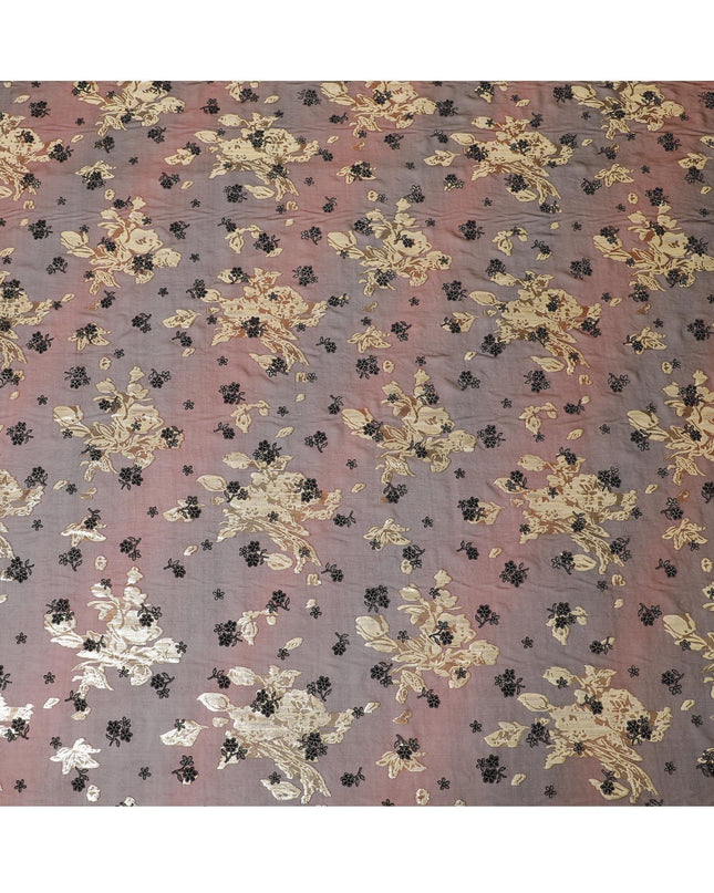 Barn red, black pure silk chiffon fabric with gold metallic lurex having black flock and glitter in floral design-D8239