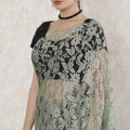 Vista green, grey Premium two tone French chantilly lace saree in floral design-D14539